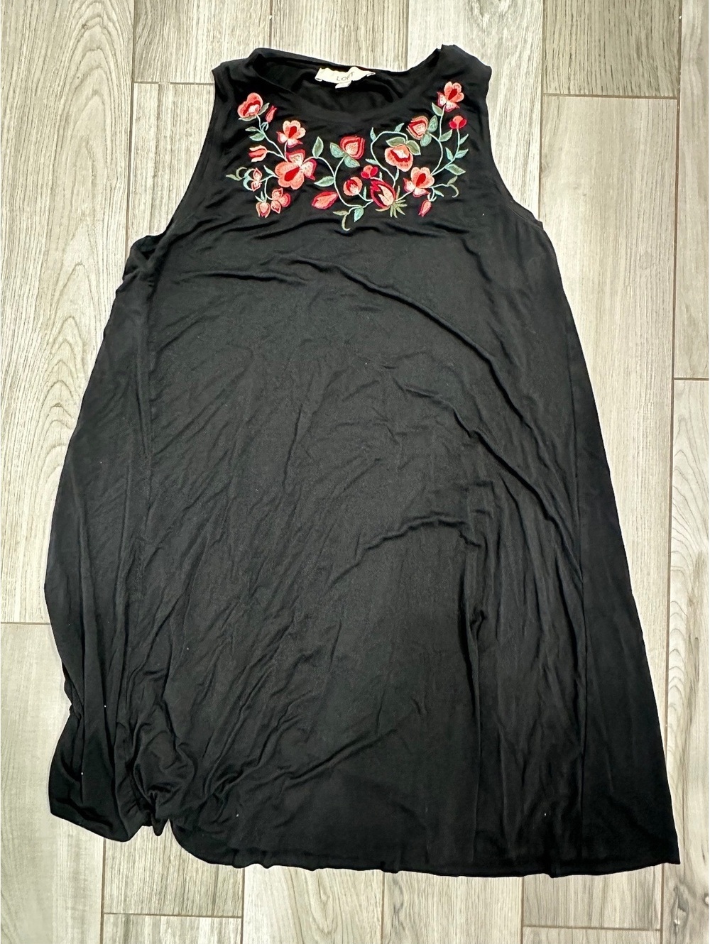 LOFT Black Sleeveless Dress with Floral Embroidery Size Large